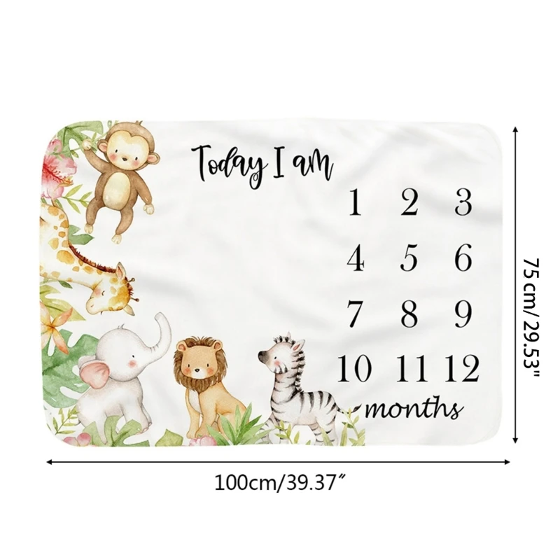 H3CD Baby Monthly Record Growth Milestone Blanket Newborn Soft Flannel Cartoon Animal Printed Swaddle Wrap Photography Props