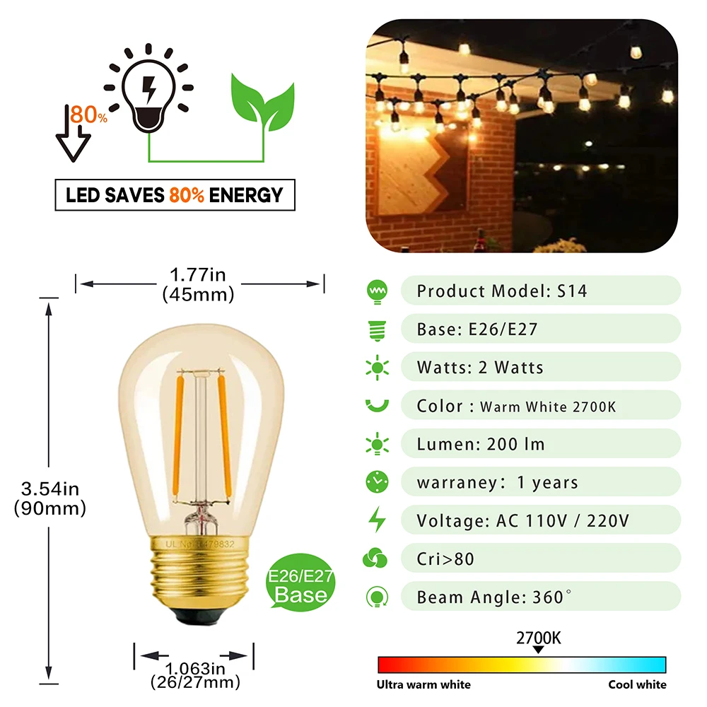 S14 öƽ Ƽ LED ,     LED ʶƮ, ߰ Ʈ  ü, E27, E26, 110V, 220V, 2W, 15 