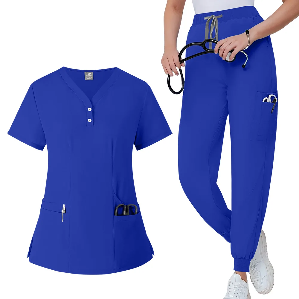 Scrubs for Women Set V-Neck Pocket Top Drawstring Jogger Scrub Pants Stretch Medical Nursing Uniform Surgical Workwear