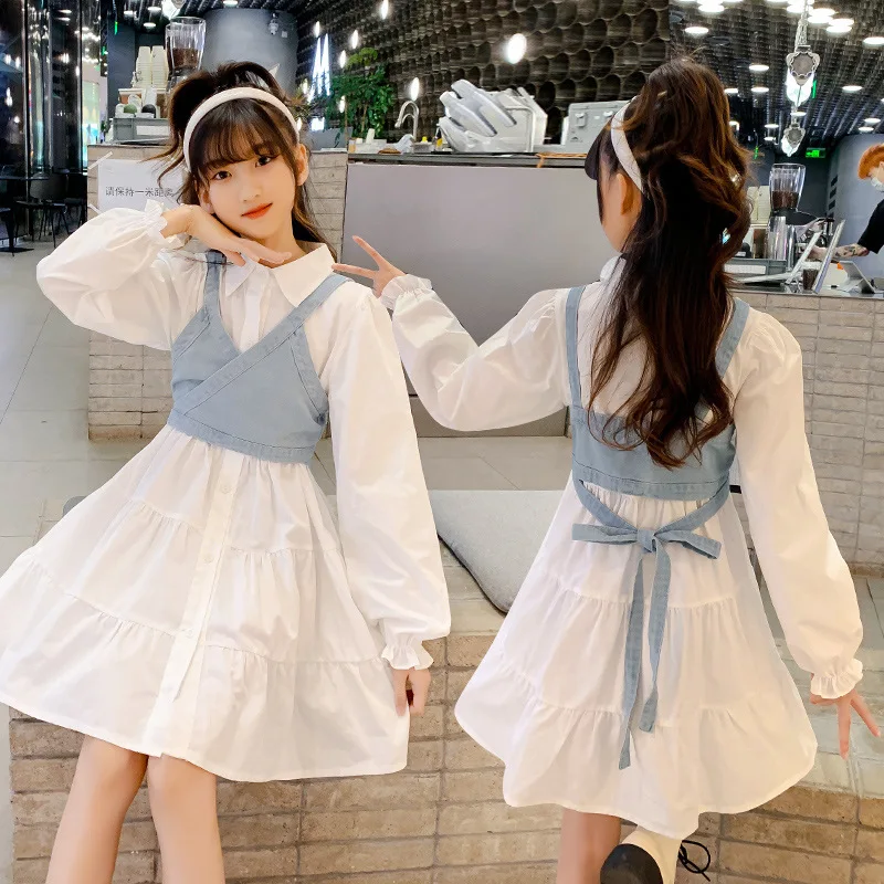 

Girls White Shirt Dress Kids Long Sleeve Turn Down Collar Children Patchwork Dresses Denim Suspender Dress Long Dress 2PCS Set