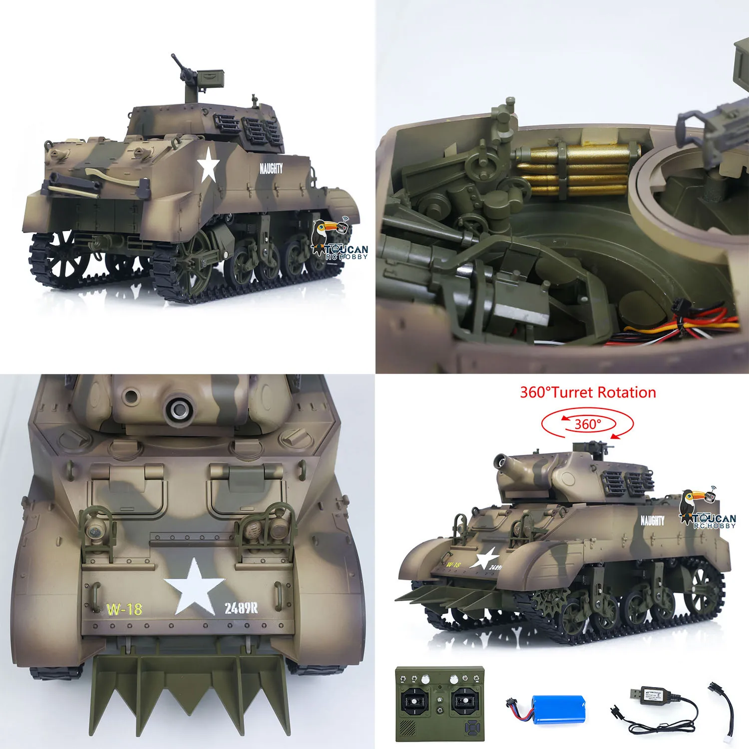 Char RC CoolBank 1/16 M8 HMC Scott Howitzer en action avec fumée et lumières, tourelle pivotant à 360 degrés