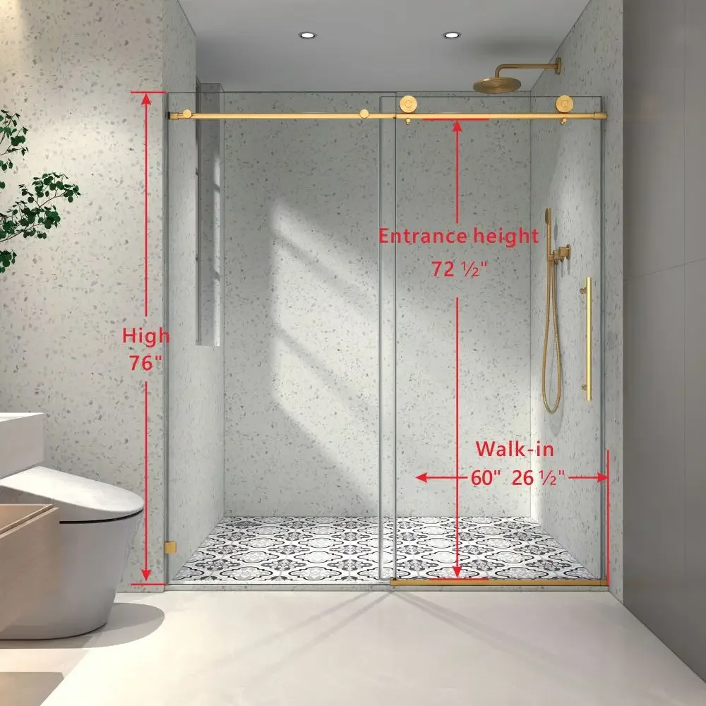 6076 Brushed Gold frameless one fixed and one shifted Shower Door,70MM 304 stainless steel large pulleys with adjustable 6