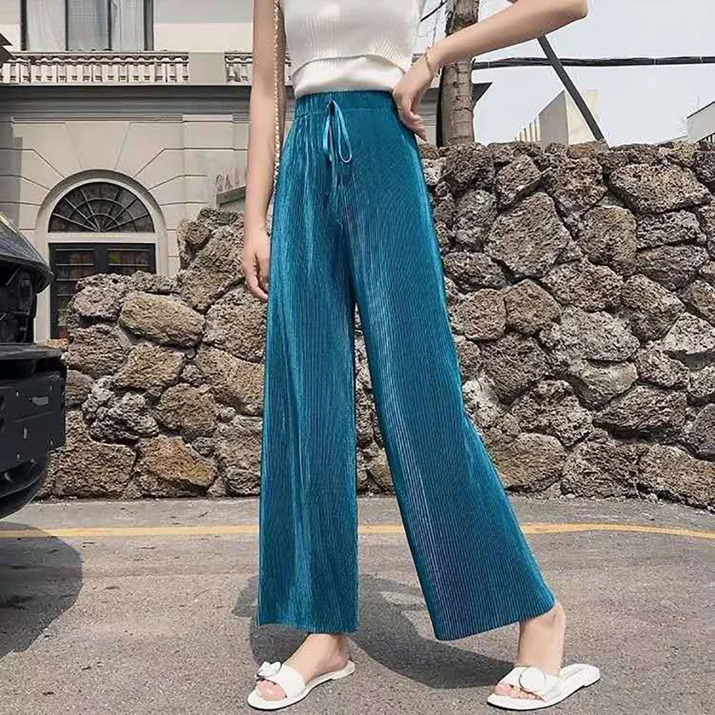 Women's Pleated Loose Ice Silk Korean Casual Cropped Pants Wide Leg Trouse Home Classic Sports Wear