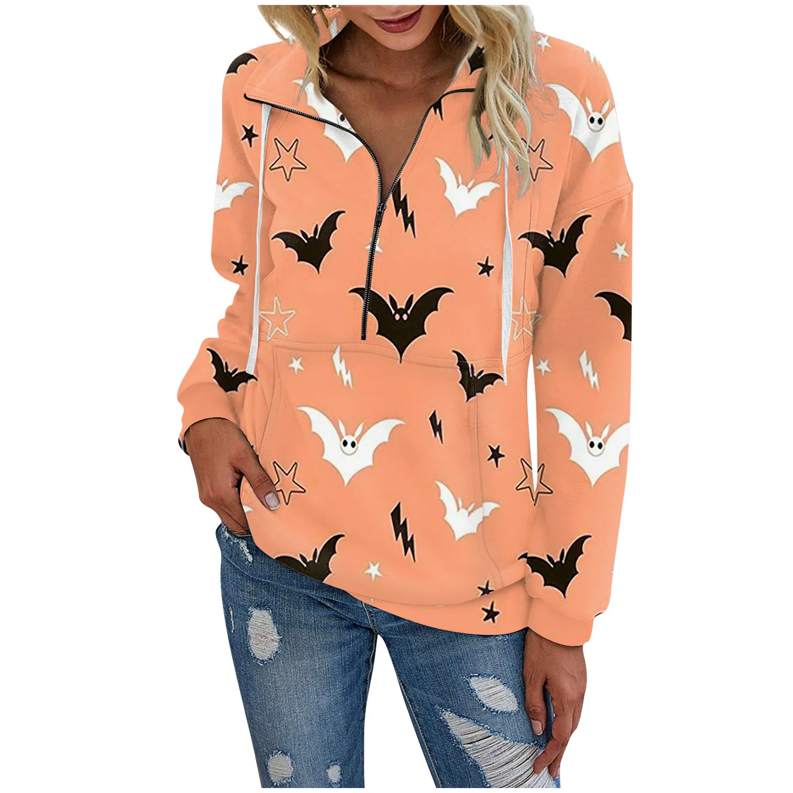 

Women'S Fashion Casual Halloween Printed Long Sleeve Half Zip Sweatshirt Drawstring Loose Pullover Top Hoodie Streetwear Sweater