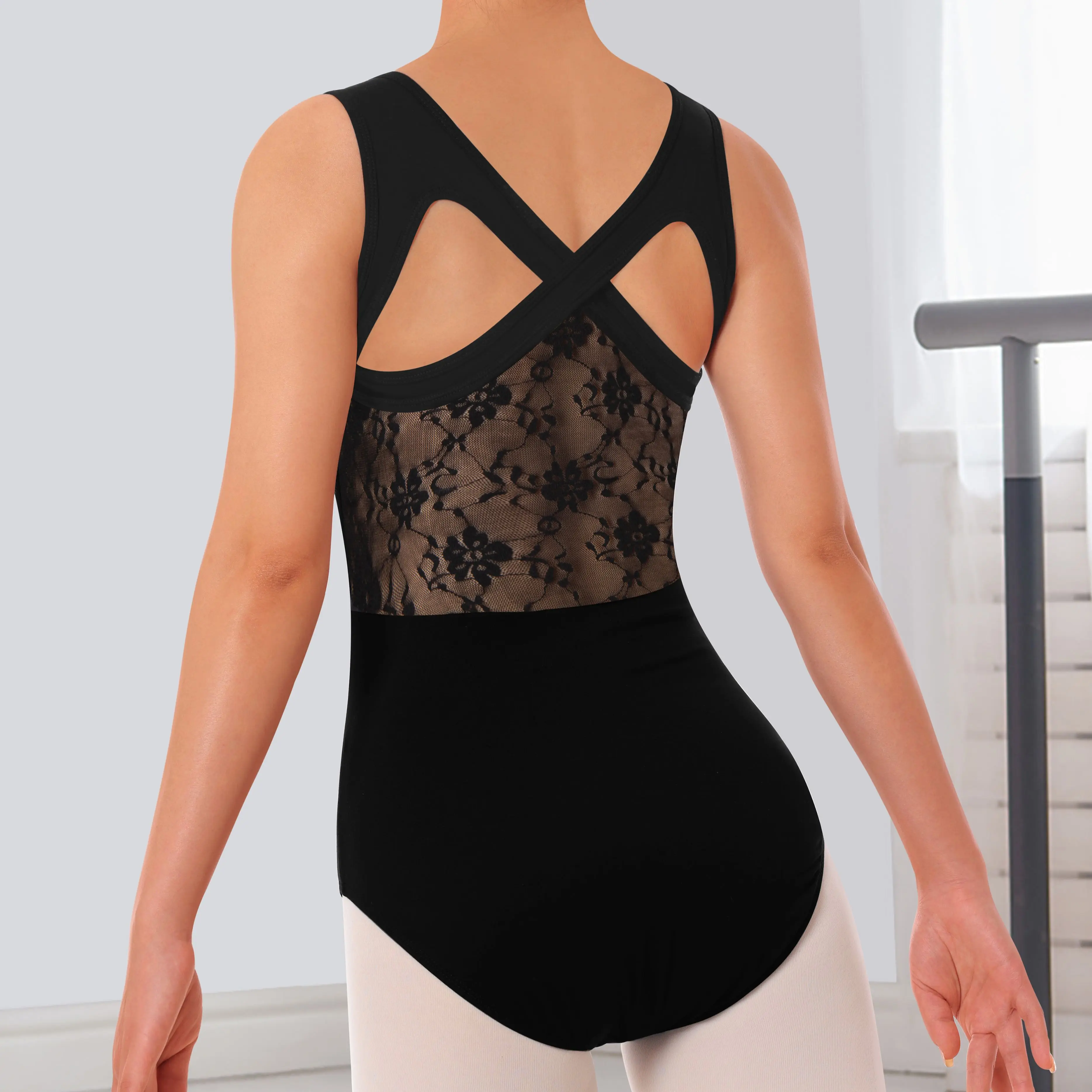 Damen-Trikot aus Spitze für Tanz, Ballett, Tanktop, überkreuzter Rücken, Ballerina-Gymnastik-Tanzbekleidung – Detail 1