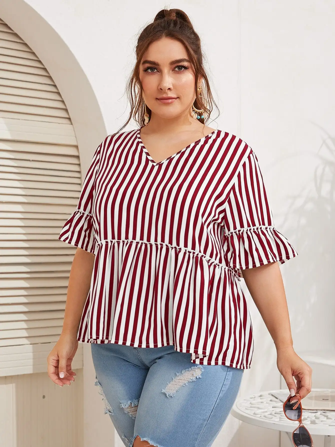 Finjani Plus Size ColorBlock Striped Print Blouses For Women 2022 Summer Frill Ruffle Hem Tee
