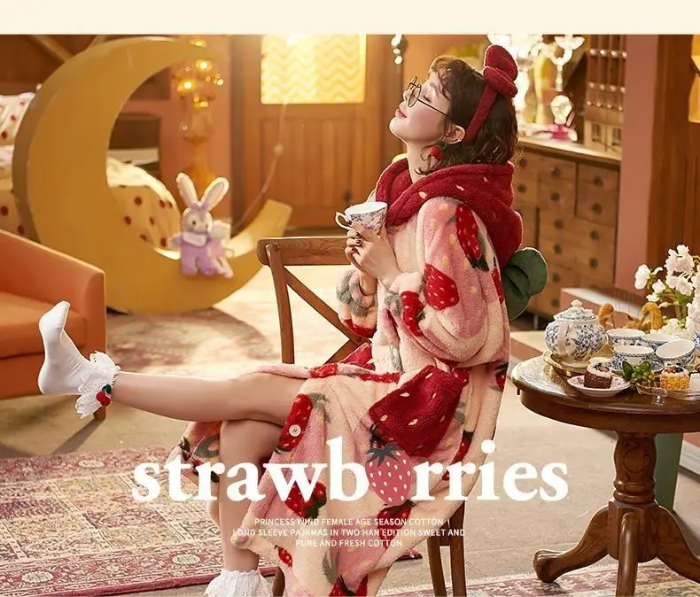Winter Pajamas For Women Strawberry Cartoon Hooded Long Robe Jacket Cute Home Wear Sleepwear Kawaii Flannel Warm Comfy Bathrobe