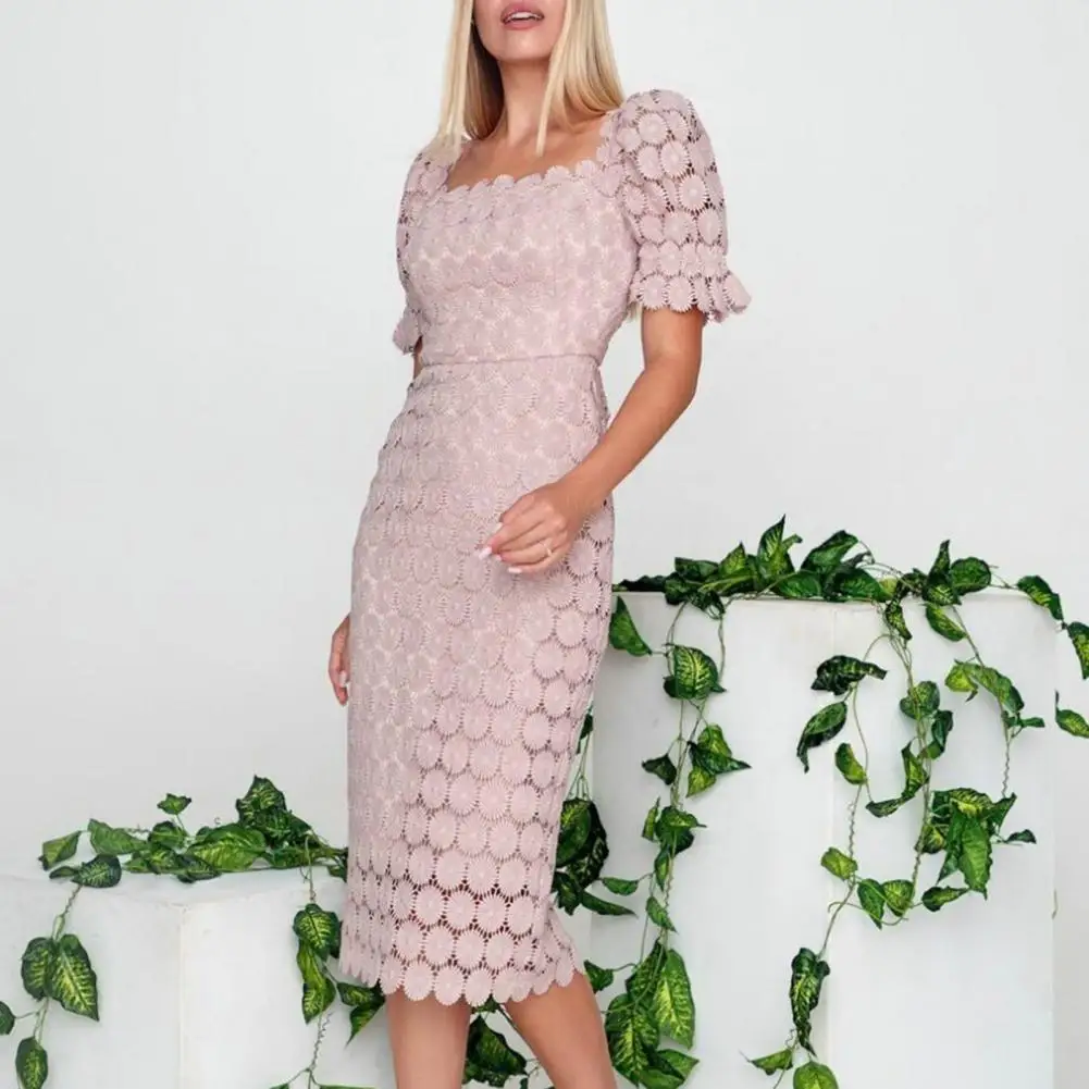

Women Party Dress Backless Off Shoulder Flower Decor Mid-calf Length Short Sleeves Dress Up Hollow Out Back Split Summer Midi Dr