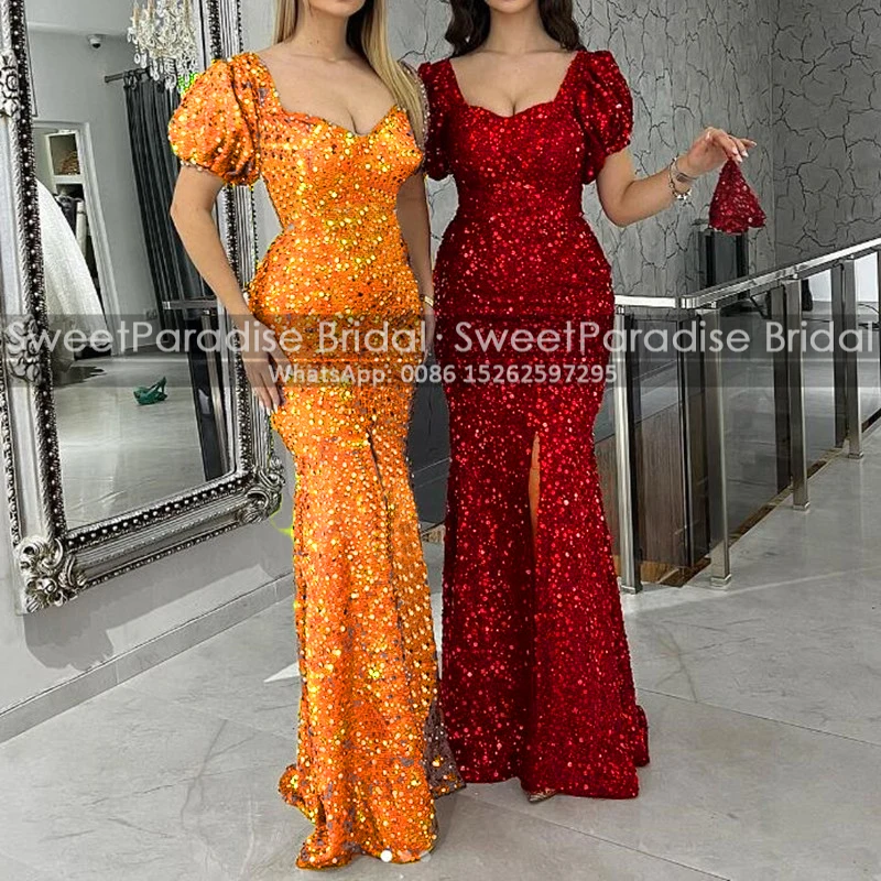

Shiny Sequins Mermaid Formal Evening Dress With Short Sleeves Square Neck Side Split Long Aso Ebi Women Prom Dresses