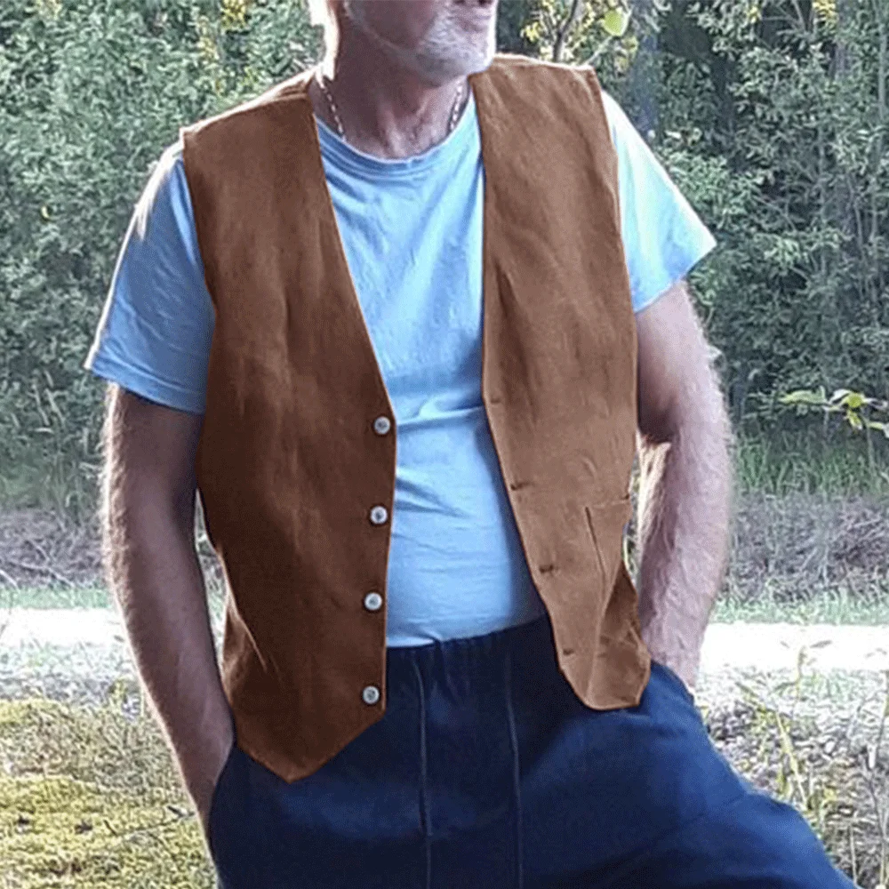 Casual Vest for Men Comfortable Linen Man Casual Fishing Sleeveless Vests Retro Waistcoat Male Summer Clothes Solid Color Design 4