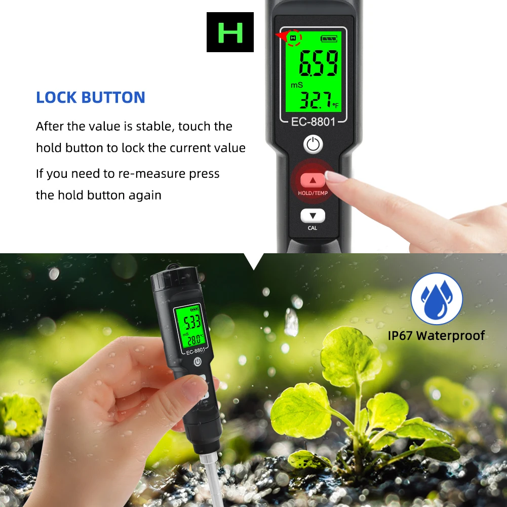 Soil EC Tester 0.00~10.00mS/cm Conductivity Soil EC PH Meter Detachable Probe Au