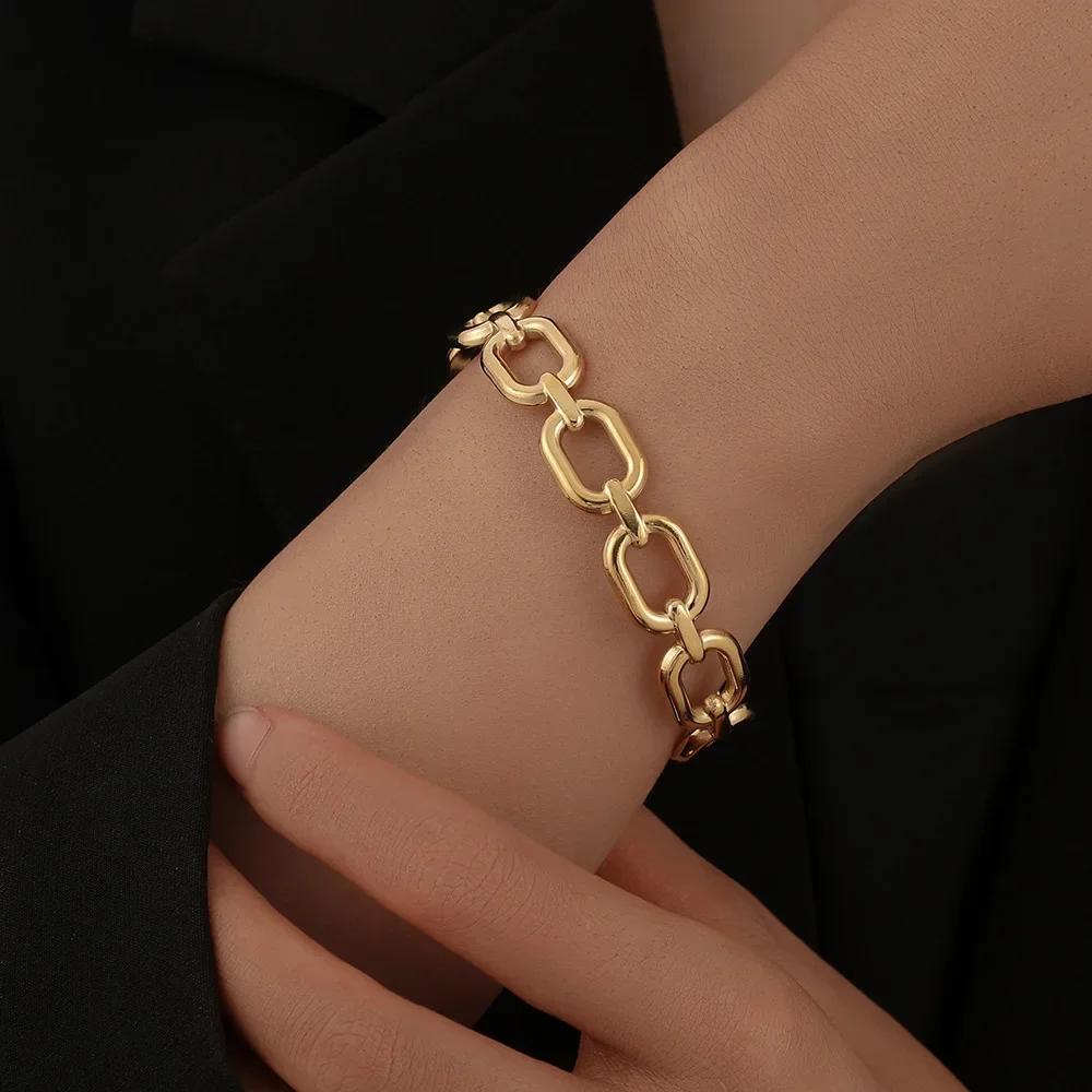 Square Link Hollow Out Open Cuff Bracelet for Women Stainless Steel Vintage Gold Color Bangle Minimalist Wedding Jewelry Gift