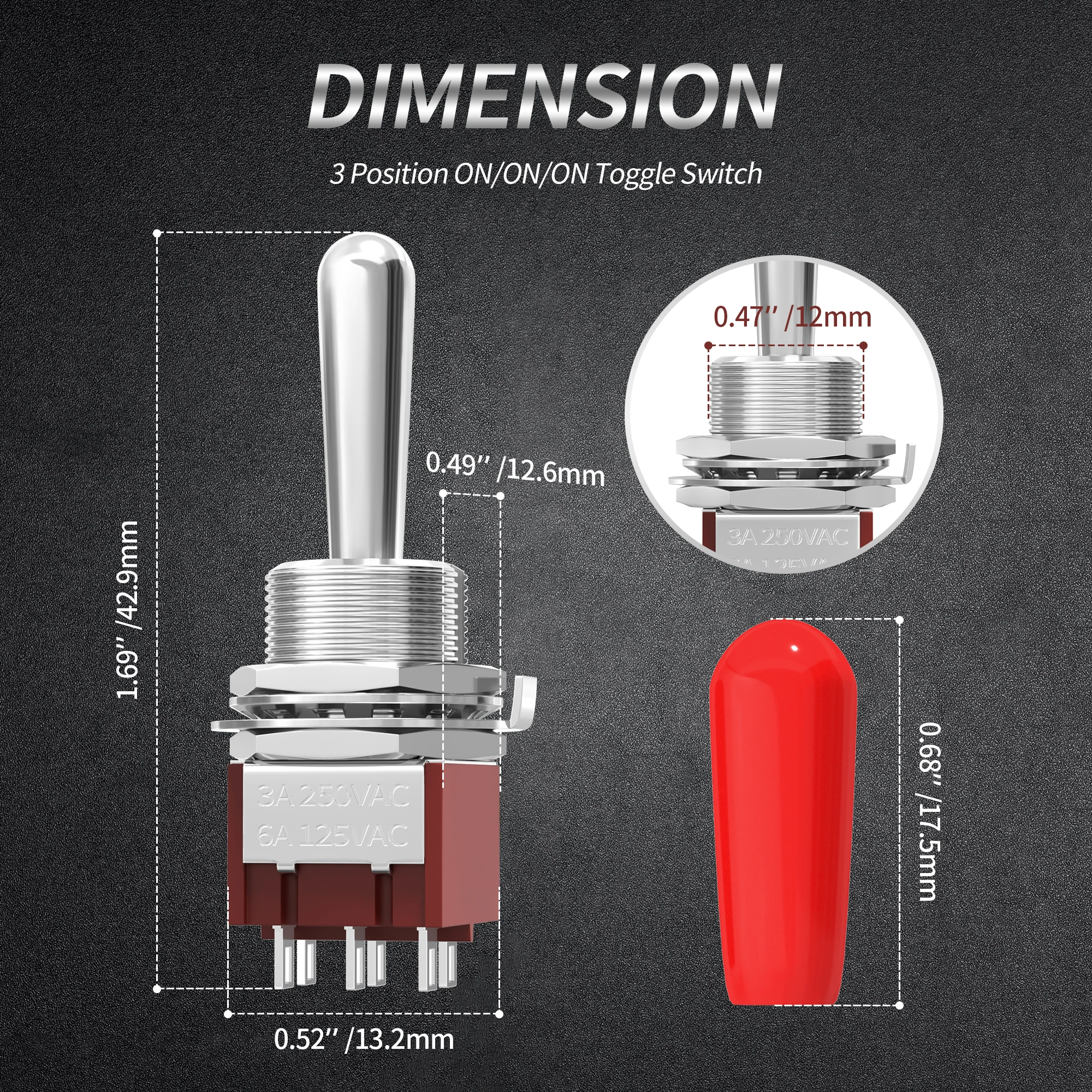 5 Interruttori A Levetta DPDT 6 Pin 3 Posizioni ON-OFF-ON 15A 250V, Foro 12mm