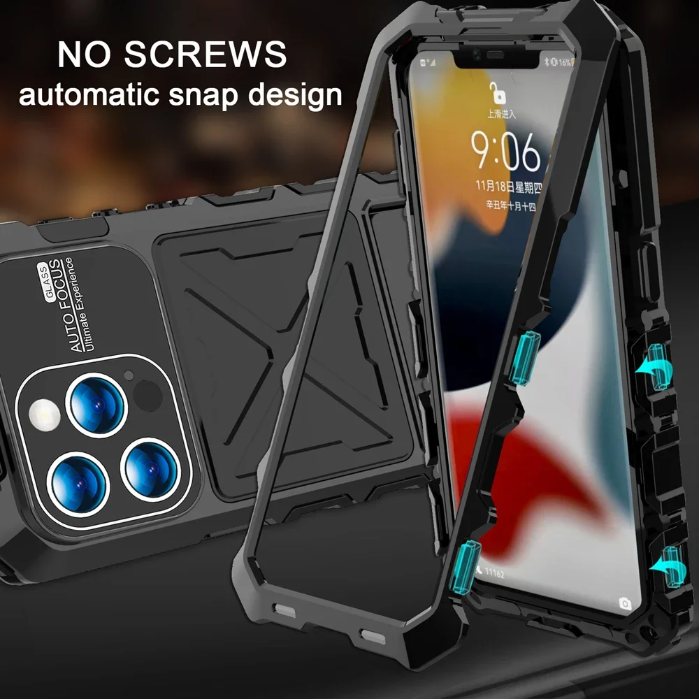Heavy Metal Shockproof Case For iPhone 13 14 15 Pro Max Plus Military Armor Anti-Fall Silicone Bumper Protective Kickstand Cover
