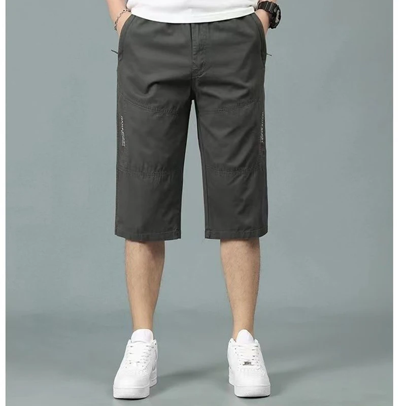 Summer Loose Casual Elastic Waist Drawstring Pure Cotton Knee Length Shorts Male Solid Color Fashion All-match Straight Trousers