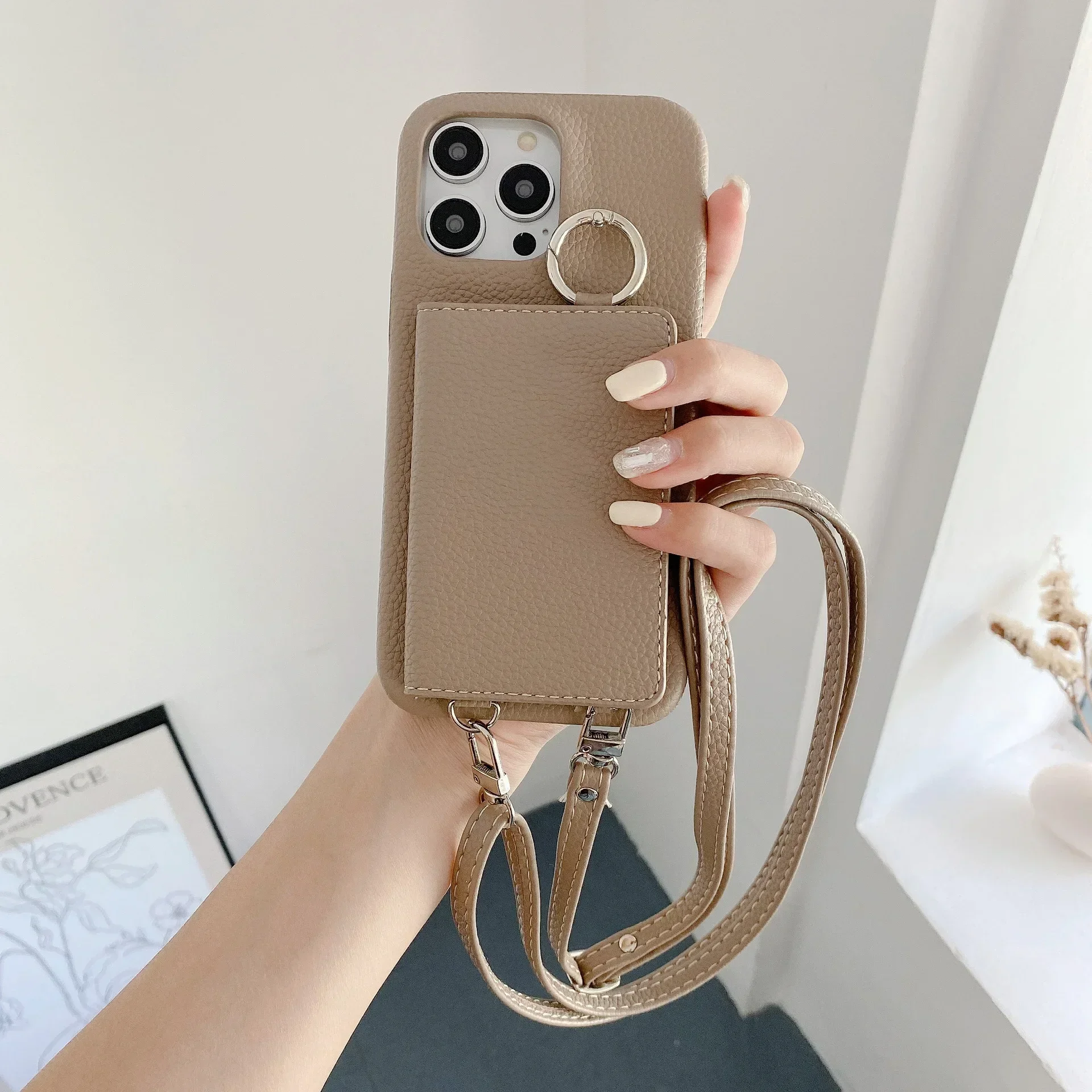 Leather Crossbody Wallet Case with Ring Holder and Mirror - Card Slot Design