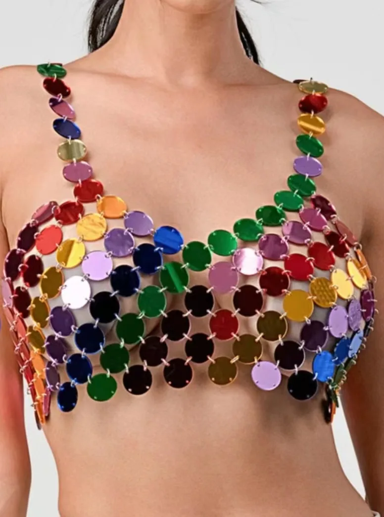 

Rainbow Short Camis Acrylic Beads Woven Vest Halter Necklace for WOmen Hollow Out Bra Chain Sexy Beach Dance Show Body Jewelry