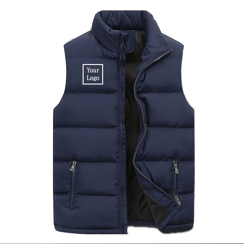 Custom Logo Winter Men Vest Cotton Casual Sleeveless Stand Thick Clothes Solid Color Vest Jacket Male