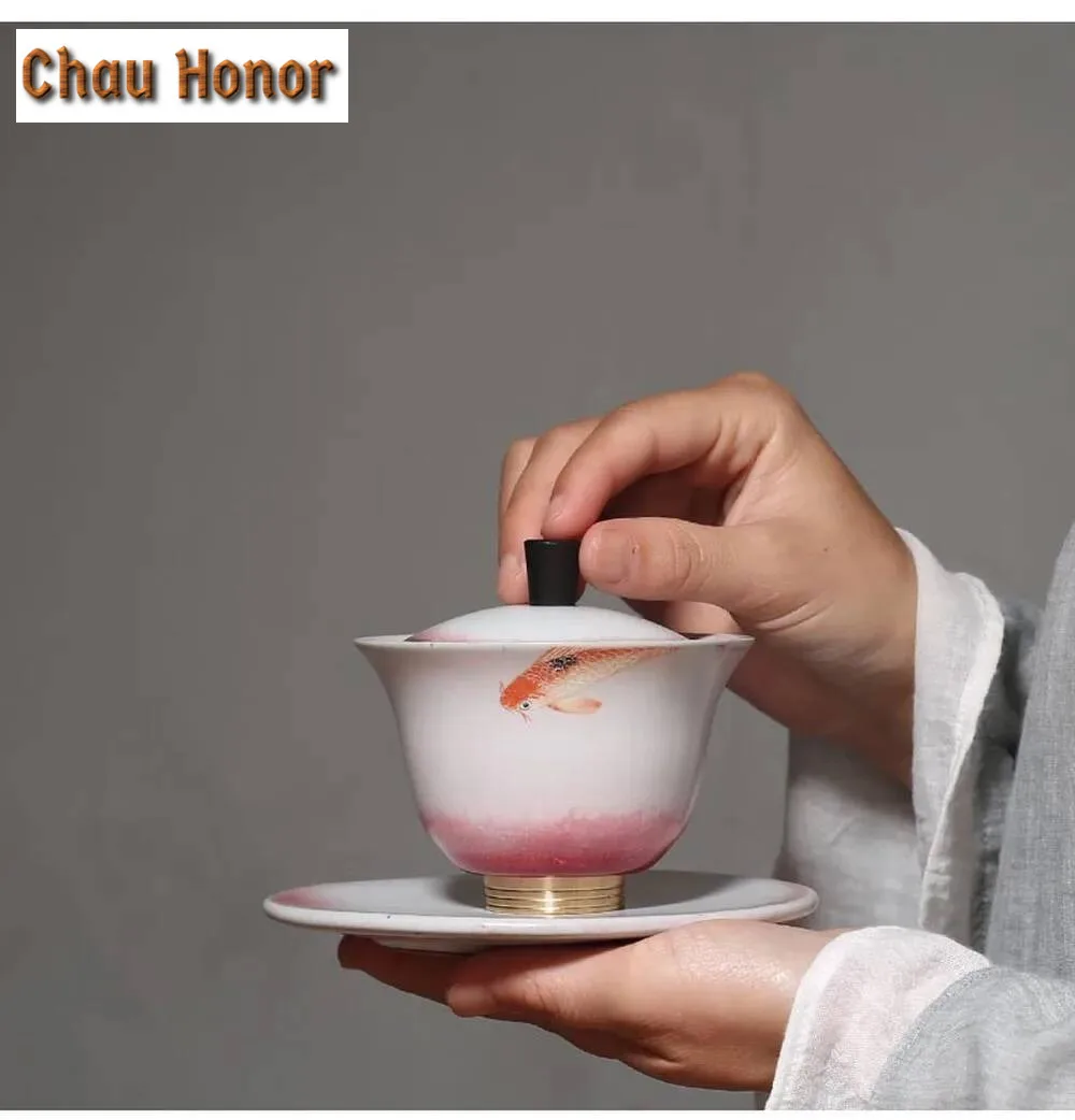 120ml Kiln Change Ceramic Gaiwan Creative Copper Bottom Tea Tureen Chinese Kung Fu Tea Bowl Teacup Teapot Drinkware Teaware Gift