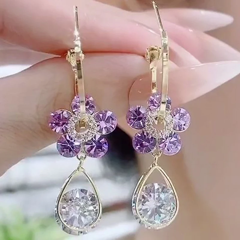 Ladies Fashion Temperament Elegant Purple Crystal Flower Earrings High