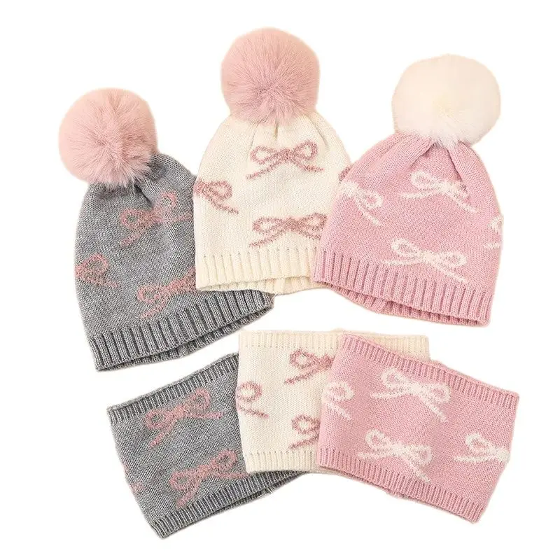 Winter Baby Hat Scarf Two-piece Set Jacquard Bows Plush Warm Suit Newborn Infant Woolen Hat Cute Baby Pompom 0-12months