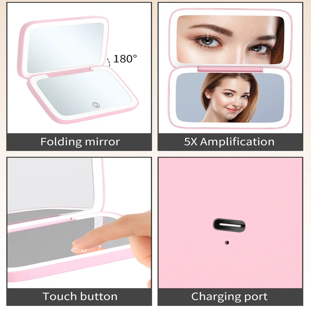 양면 LED 충전식 메이크업 거울, 컴팩트 포켓, 여행용 미적인 화장 거울, 화장품 도구, 5X 확대