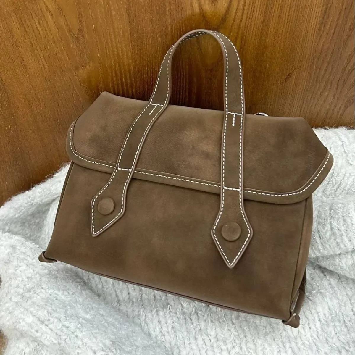 Fashion Autumn Winter  Boston Tote Soft Matte Suede Cow Leather Women's Handbag Shoulder Crossbody Bag For Women Brown