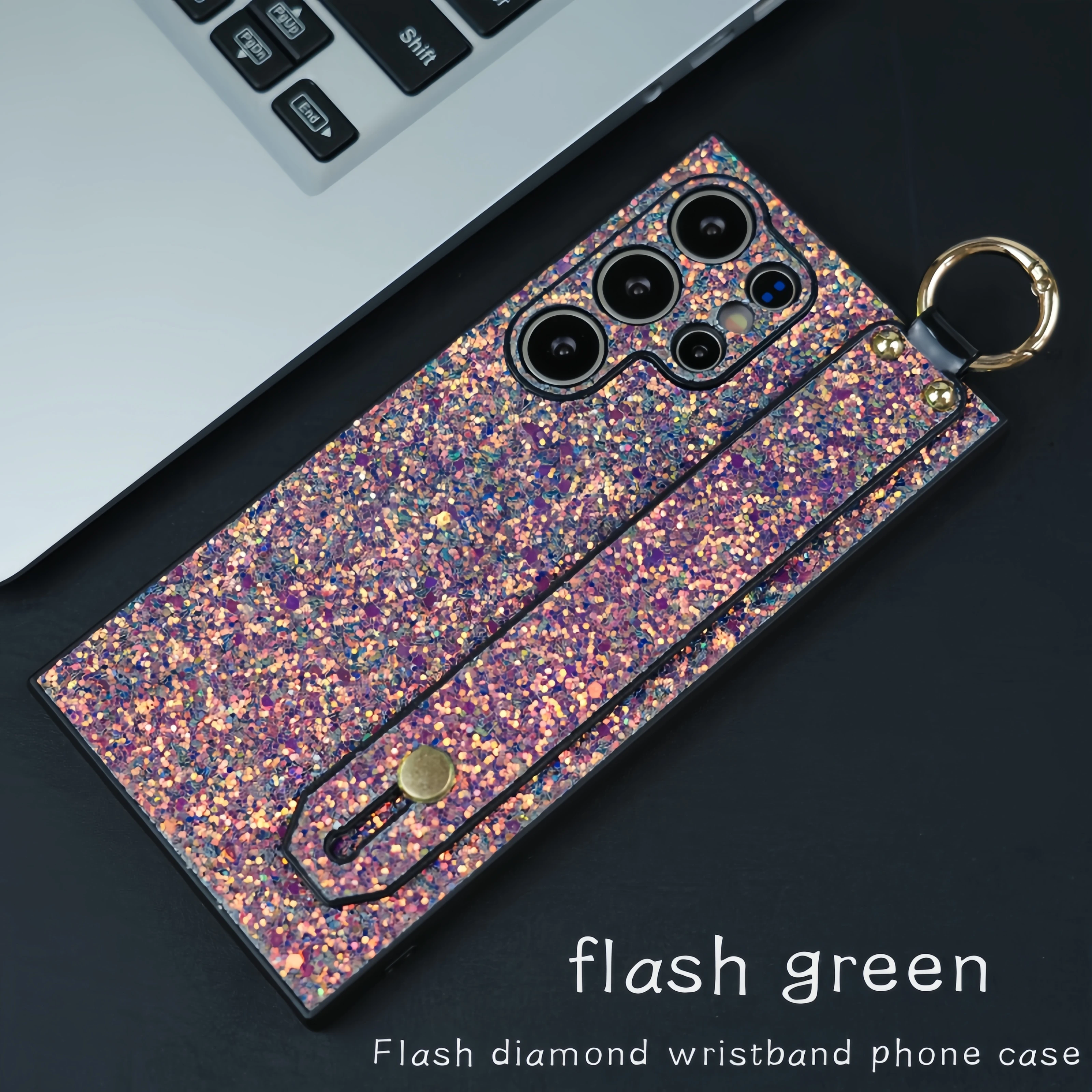 Wrist Strap Bracket Bling Glitter Shockproof Phone Case with Camera Protection