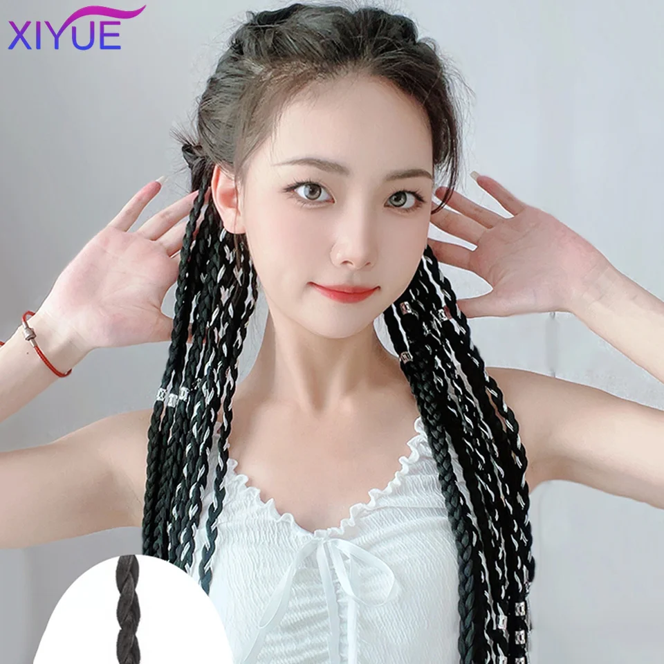 XIYUE Silver Thread Boxing Braid Tail Clip In Ponytail Hair Extension Heat Resistant Synthetic Natural Double Horse Tail Black
