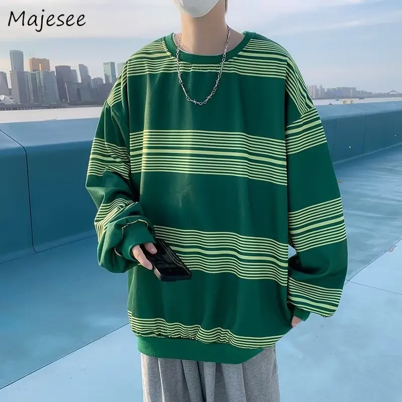 

Sweatshirts Men Long Sleeve Autumn Streetwear Cool Vitality Handsome Baggy All-match Round Neck Striped Clothing Casual Popular