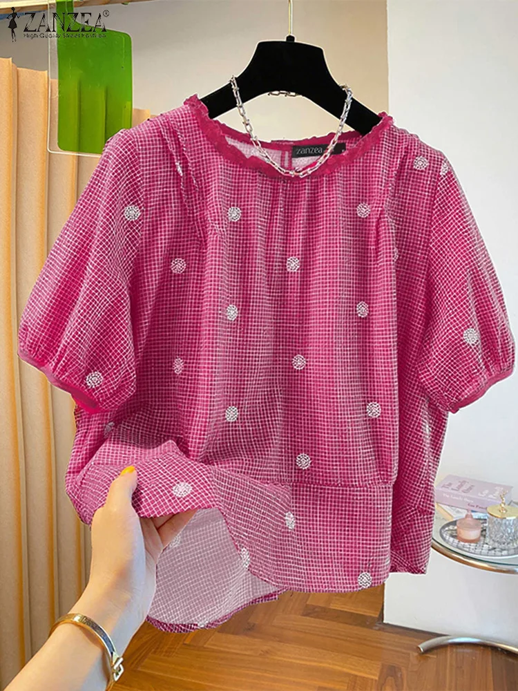 Vintage Plaid Casual Short Sleeve Women Blouse