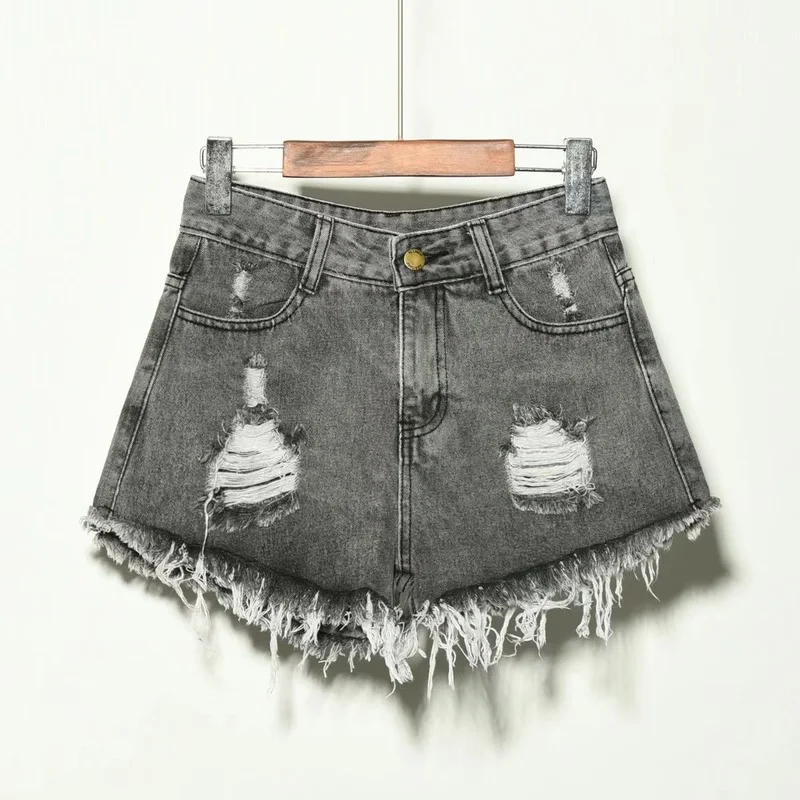 

Hole Irregular Cat Fringe Plus Size Denim Shorts Women High Waist Micro Tassel 2023 Summer Short Black Fashion Casual Streetwear