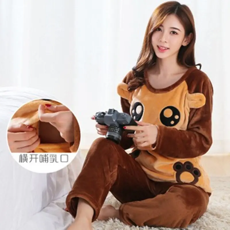 Autumn Long Sleeve flannel Maternity Clothing winter Thin coral fleece Pajamas Set Pregnant Women Breastfeeding Nursing Pyjama Cotton Pajama Set Breastfeeding Nightgown Maternity Nightgown Set