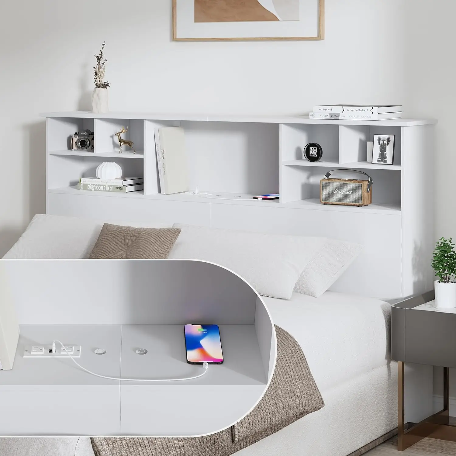 Wood Bookcase Headboard with Charging Station & 2 LED Lights, Stylish Headboards for Queen Size Bed