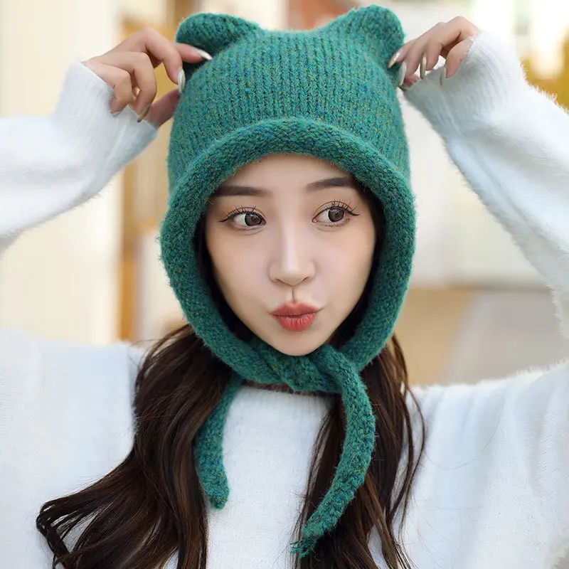 

2023 Winter Women Knitted Beanie Earflap Hat Cozy Bear Ear Bomber Cap Ear Protection Warm Wool Russian Trapper Hat for Women