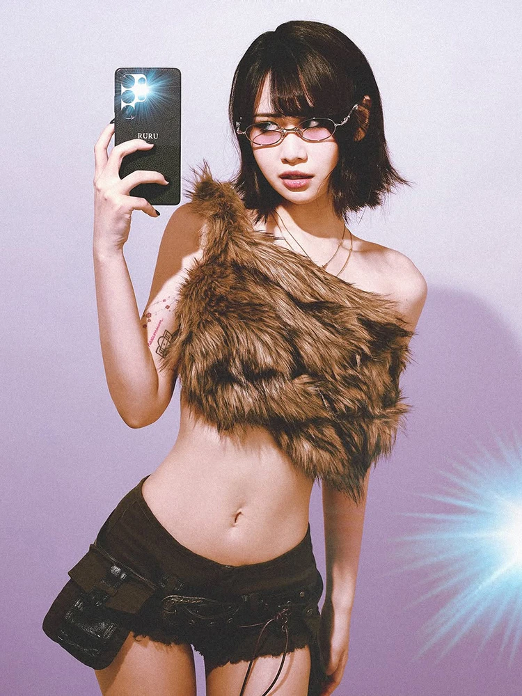 Nibber Off-Shoulder High Street Tank Tops Women Sexy Furry Coquette Simple Midnight Party Clubwear Hottie Wild Fashion Vests