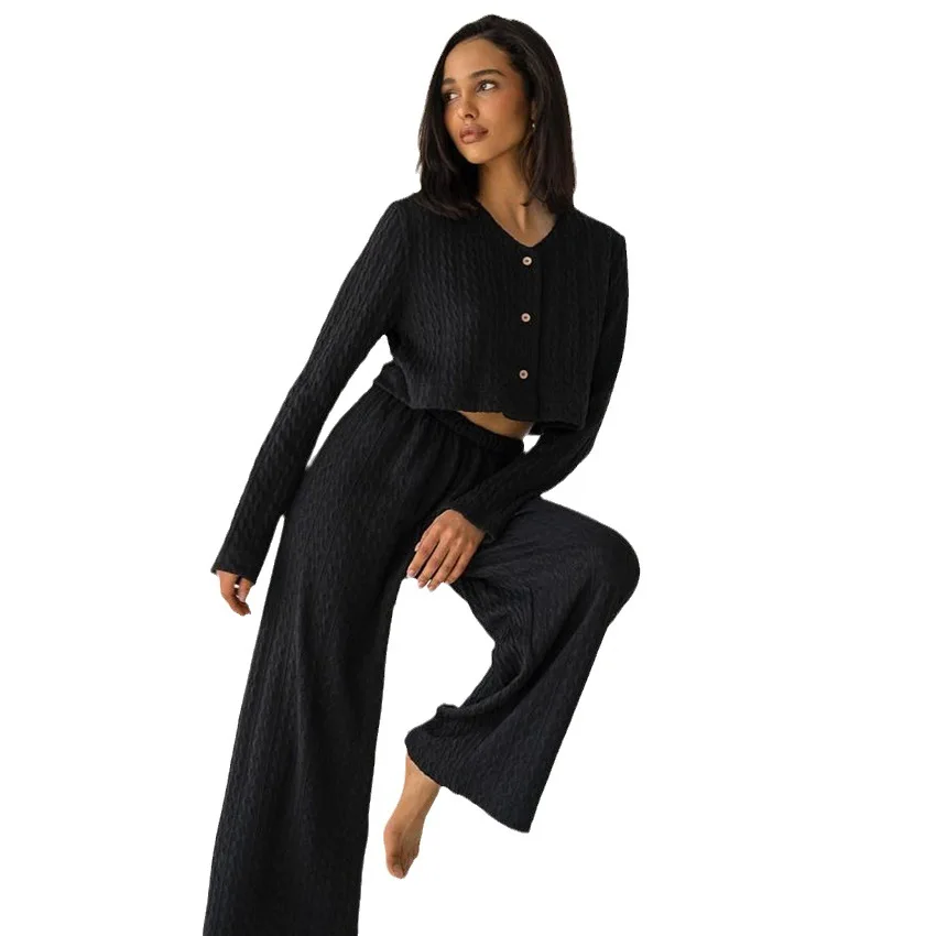 Simple Warm Knit Sleepwear Suit Cardigan V-Neck Stripe Women Home Pajamas Long Sleeve Casual Pants Two-piece Quilted Nightgown