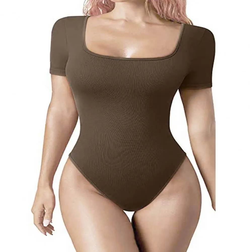 

Stretchy Women Bodysuit High Elasticity Women's Summer Bodysuit with Tummy Control Skinny Fit Square Neck Short Sleeves Playsuit