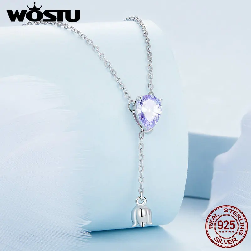 WOSTU 925 Sterling Silver Water-Drop Necklaces Purple Zircon Lily of the Valley Adjustable Chain For Women Gift Fine Jewelry 5