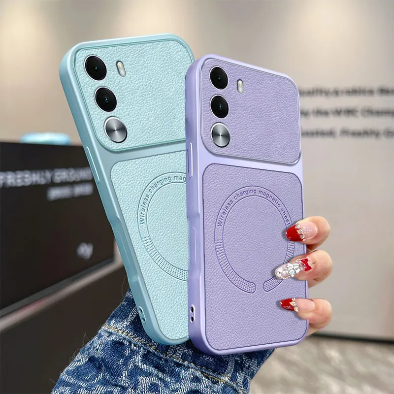 Vegan Leather Magnetic Ultra-Thin Anti-Drop Case with Wireless Charging Capability