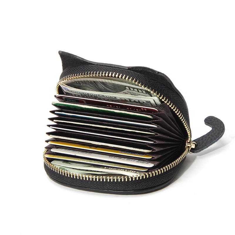 Fashion Card Holder for Women Girls Cute 3D Cat Ears Wallet with Tail Small Leather Zipper Wallet Coin Purse ID Credit Card Case