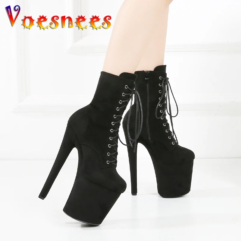 

Women Platform Lace-up Ankle Boots Fashion Suede Club Thin High Heels Plus Size 43 Black Pole Dance Shoes Botas Mujer 2023 New