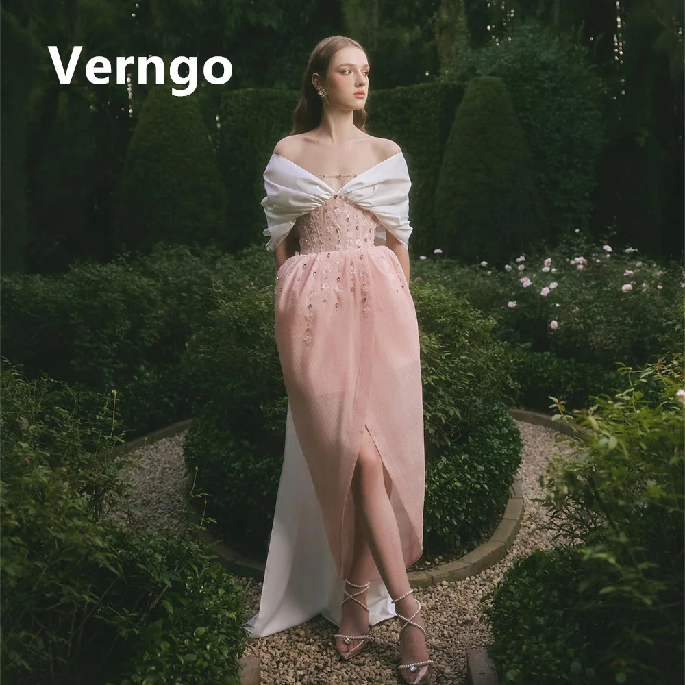 

Verngo Blush Pink Sequined Party Dress For Women Elegant Mermaid Long Evening Dress Off The Shoulder Sweap Train Formal Gowns