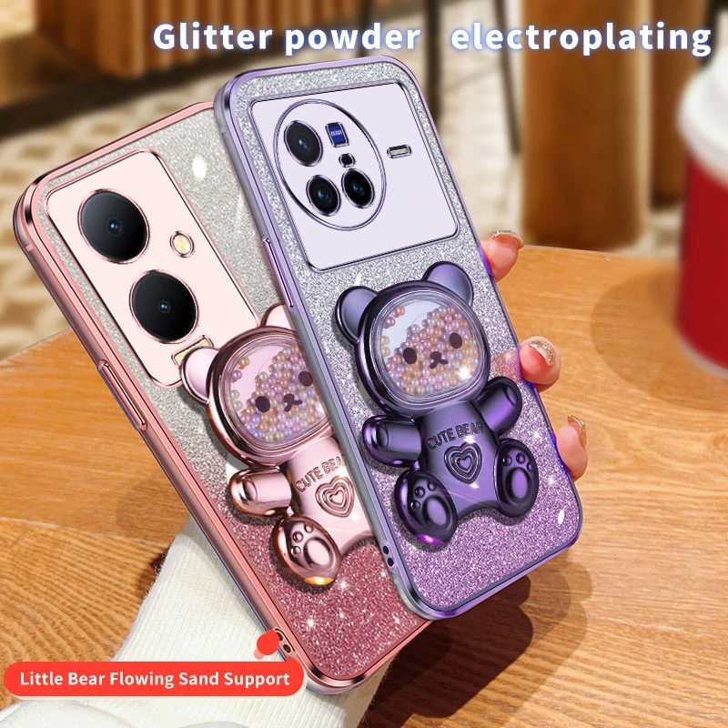Coque de téléphone avec support à paillettes, ours mouvant, pour X 80, 60, 90, X60, X80, X21, X90, X23, X27, Vivo S7, S17, S16, S15, S12 pro_voghion.com