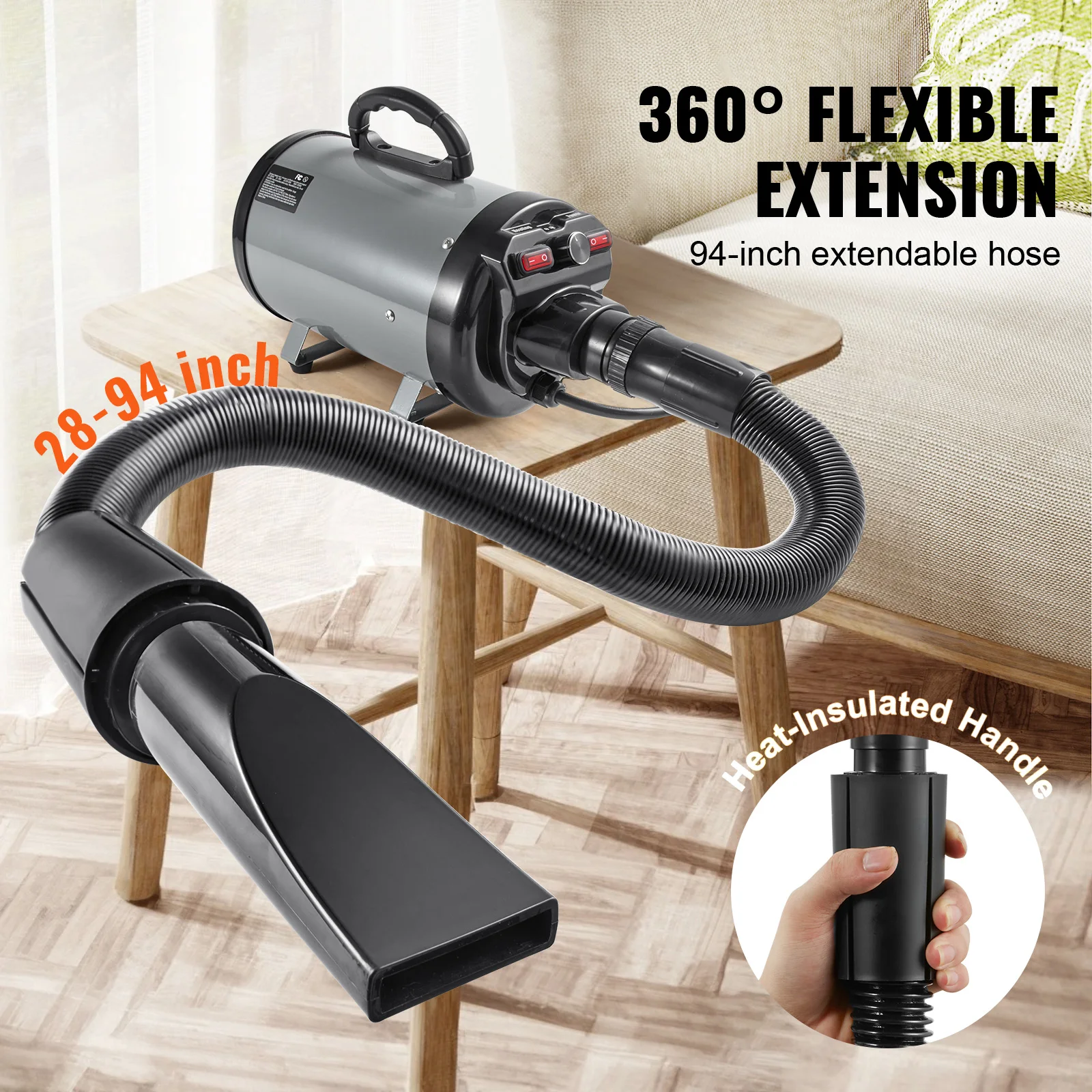 2000W/2.7HP Dog Blow Dryer Adjustable Speed Temperature Control 4 Nozzle Extendable Hose Pet Hair Grooming