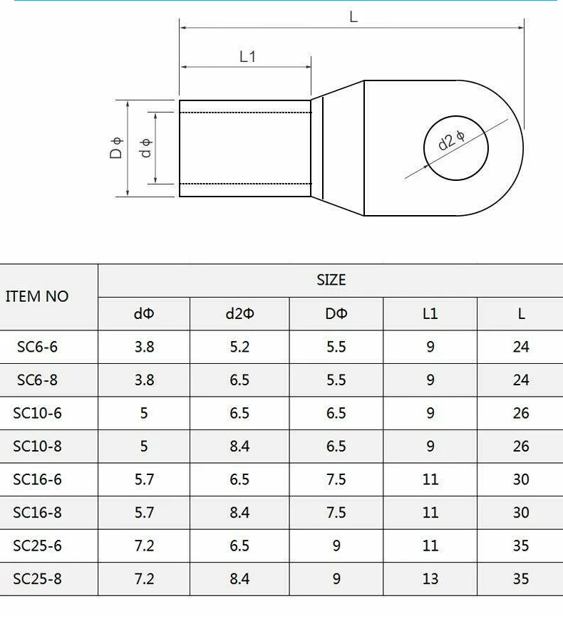 절연 베어 구리 배터리 블록 도체 케이블 러그 홀 커넥터, 냉간 압착 단자, SC6, SC10, SC16, SC25, 100 개