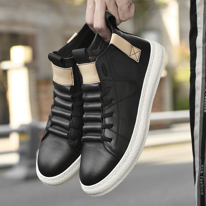 Luxury Brand Men's Ankle Boots Genuine Leather Men High Top Shoes Fashion Business Casual Outdoor Shoes Non-Slip Male Sneakers