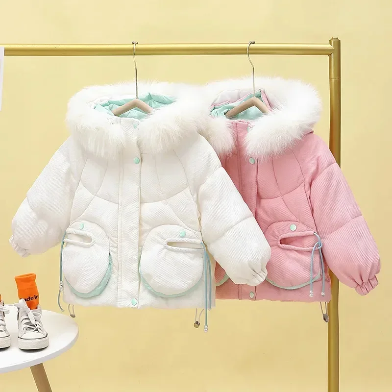 

ZHIO Coat for Girls Warm Pull Rope Hooded Fluff Children's Winter Windbreaker New Girl's Jacket Outerwear