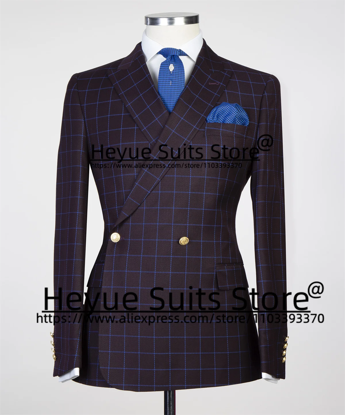 

Dark Purple Plaid Wedding Suits For Men Slim Fit Double-breasted Groom Tuxedos 2 Pieces Sets Business Male Blazer Costume Homme