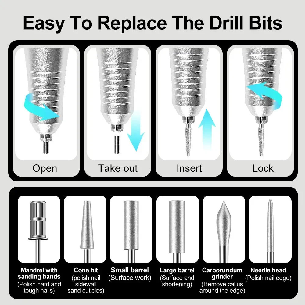 35000RPM 네일 드릴 머신, 충전식 매니큐어 저소음 전문 전동 네일 드릴 모터 광택기 샌더